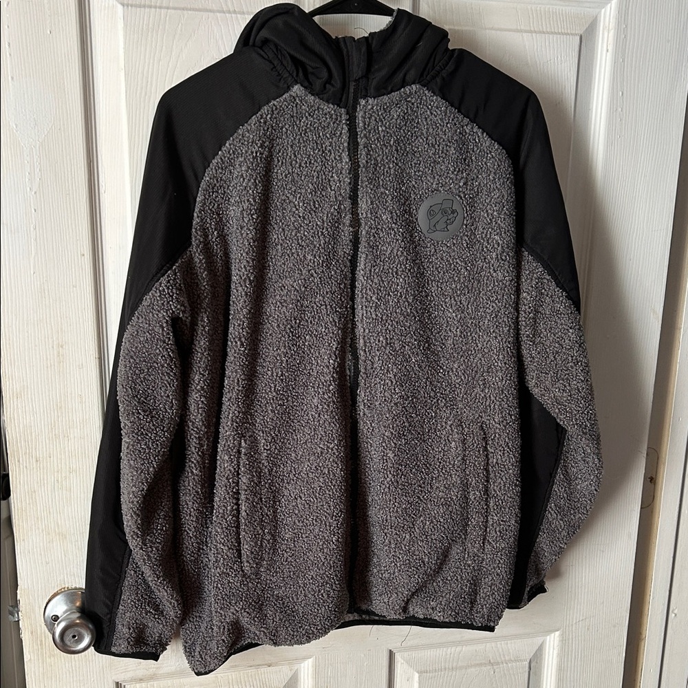 UNISEX Men's or Women’s Black and Gray Hooded thermal lined zip front jacket.